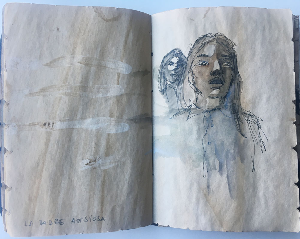 "La madre ansiosa" Trattopen e acquarello su polvere d'ocra, 2017