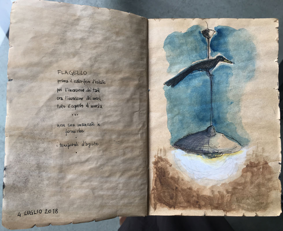 "Piaghe d'Egitto", 2018. Tratto pen e acquarello su carta egiziana.