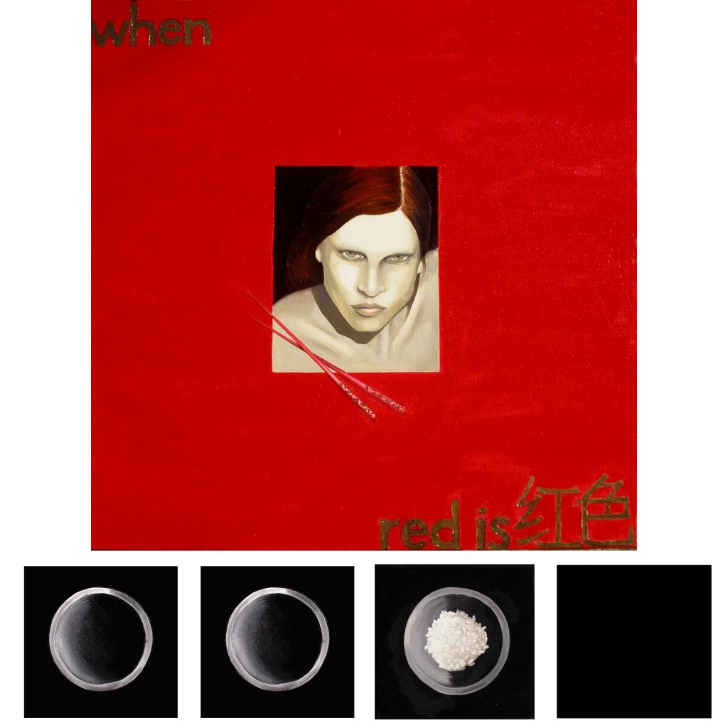 “When red is red” 2009 olio su tela, cm. 80x80 + 4 cm. 20×20