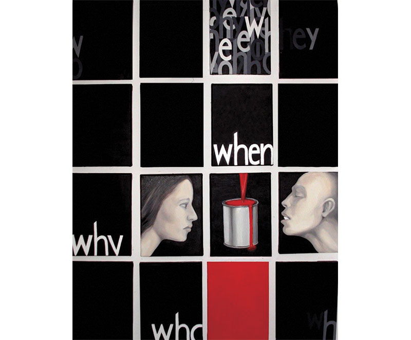 “15 parole e un punto rosso” 2009,  olio su tela, 16 tele cm. 18×24