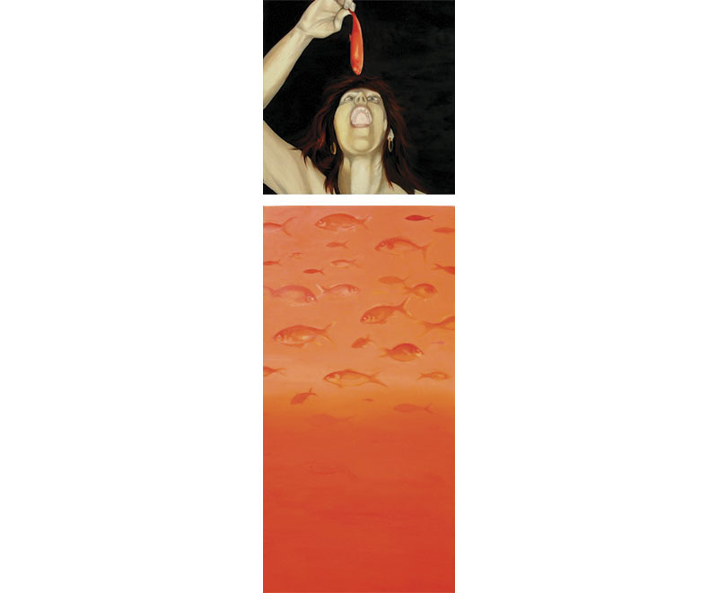 “Red riding fish” 2008 olio su tela, cm. 50×100 + 50×50